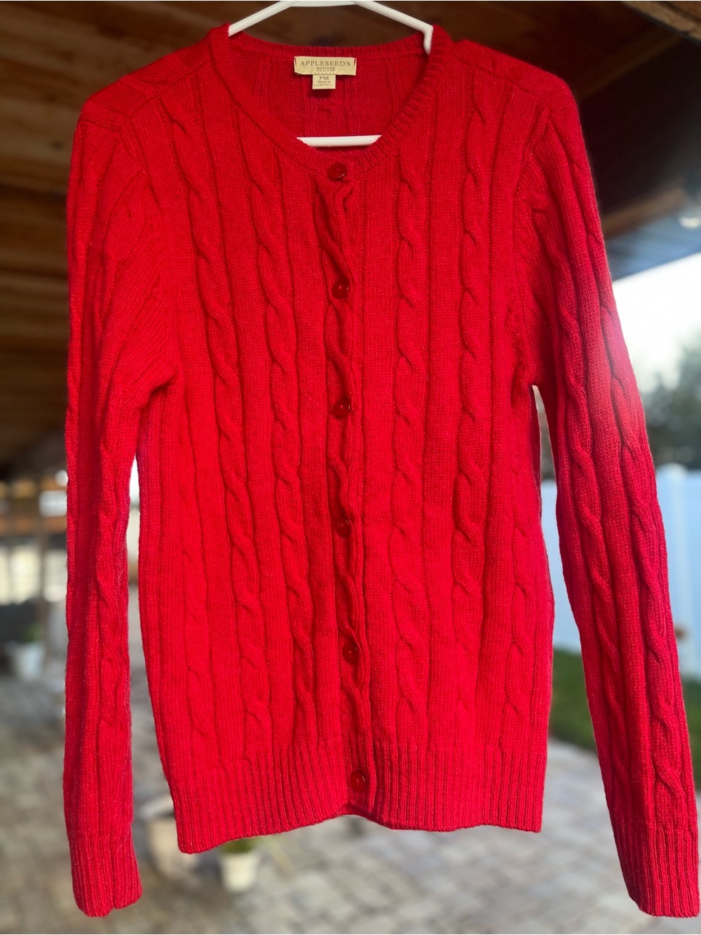 Applesseeds Women's Wool Red Cable-Knit Button Cardigan